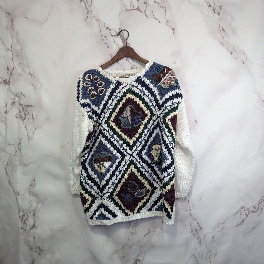 Vintage Sweater XL Womens Leaf Nature Grandmacore Crochet Granny 90s Knit